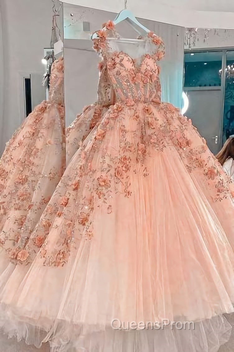 Princess Sparkly Sweetheart Evening Prom Dress with 3d Flowers, Pink Quinceanera Dress