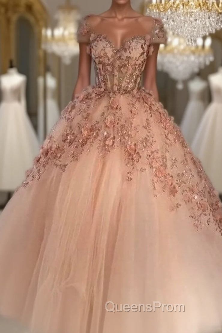 Princess Sparkly Sweetheart Evening Prom Dress with 3d Flowers, Pink Quinceanera Dress Main image
