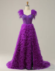 Purple A-Line Ruffle Glitter Long Prom Dress With Split