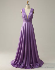 Purple A-Line V-Neck Long Glitter Prom Dress With Pleating