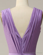 Purple A-Line V-Neck Long Glitter Prom Dress With Pleating