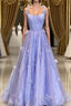 Purple Spaghetti Straps Long A line Evening Prom Gown Handmade Flower Evening Dress