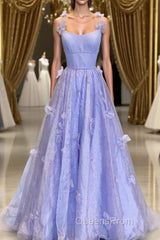 Purple Spaghetti Straps Long A line Evening Prom Gown Handmade Flower Evening Dress