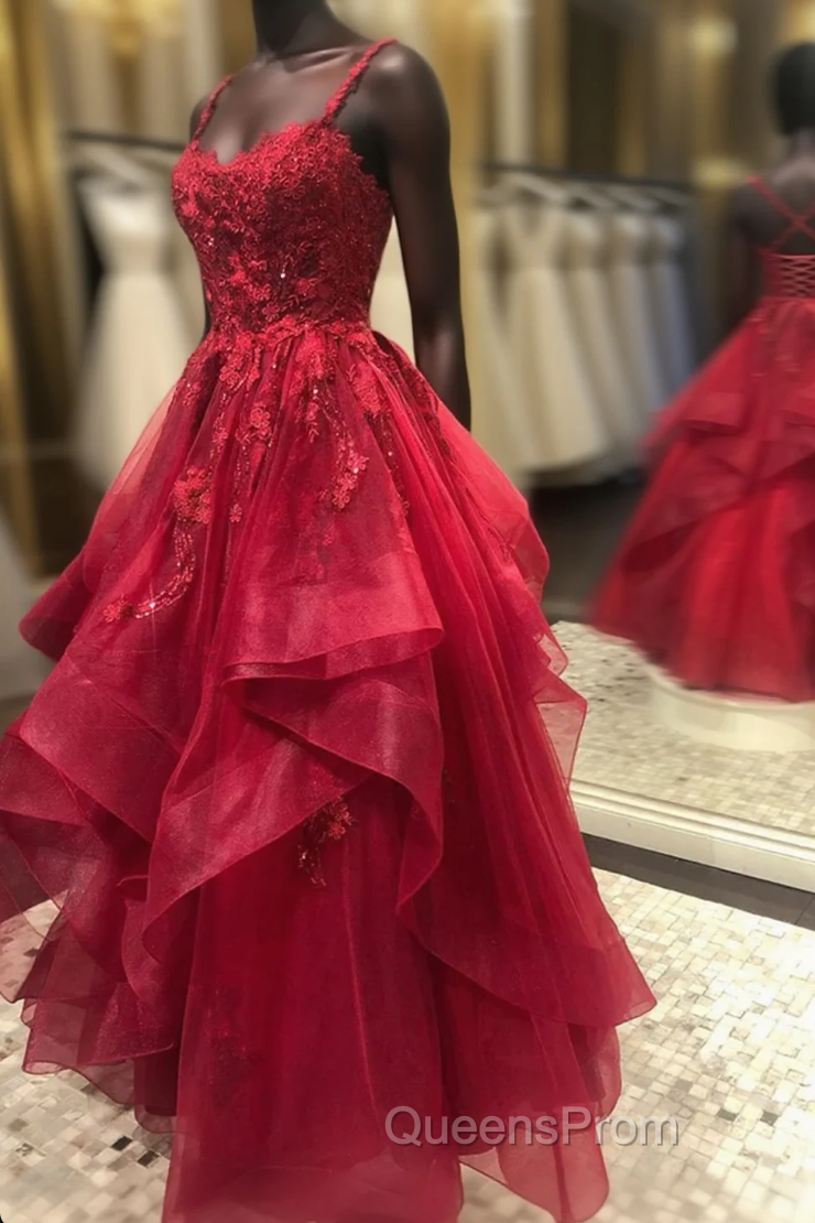 Dark Red Cross Back Tulle Long Formal Dress, Dark Red Evening Dress Evening Prom Dress Main image