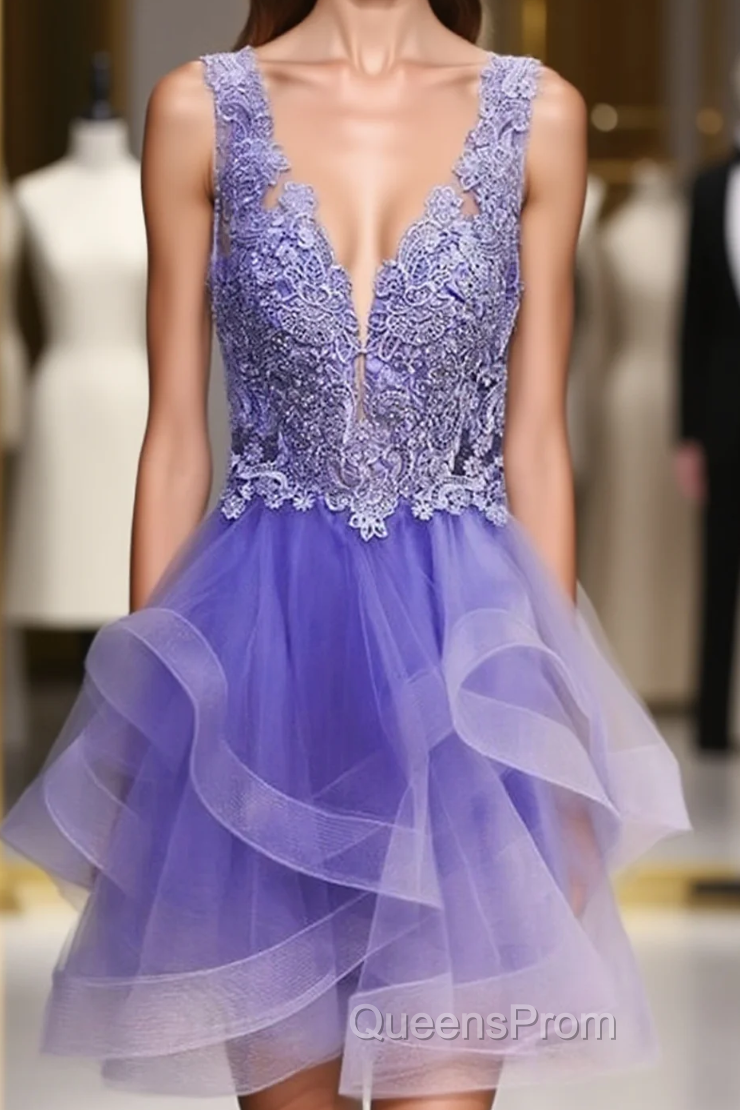 Purple Lace V-Neckline Short Homecoming Dress, Purple Short Evening Prom Dress Main image