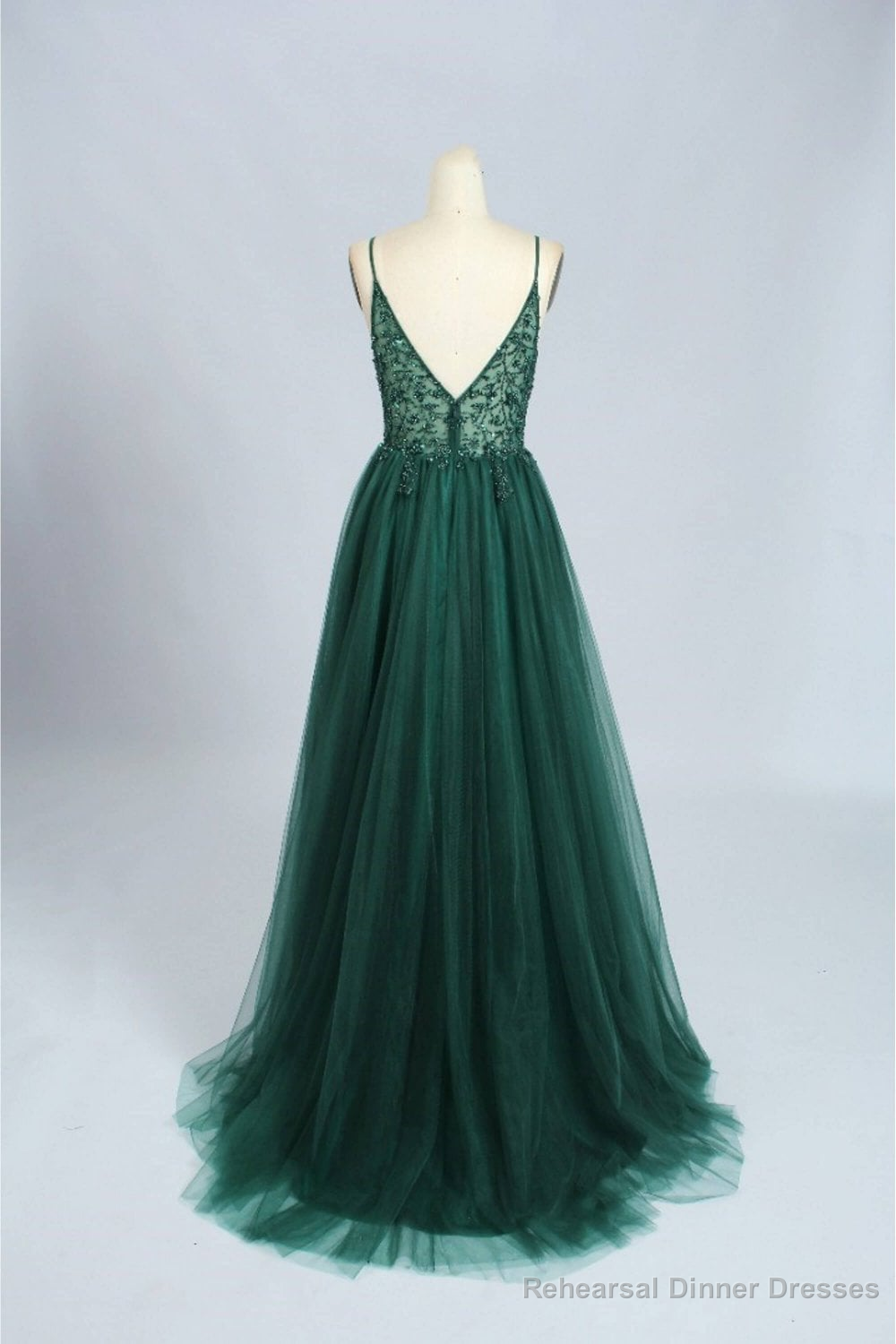 Emerald Green Tulle Prom Dress Beaded V Neck Secondary image