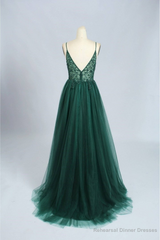 Emerald Green Tulle Prom Dress Beaded V Neck