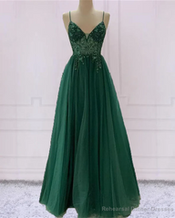 Emerald Green Tulle Prom Dress Beaded V Neck