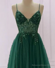 Emerald Green Tulle Prom Dress Beaded V Neck