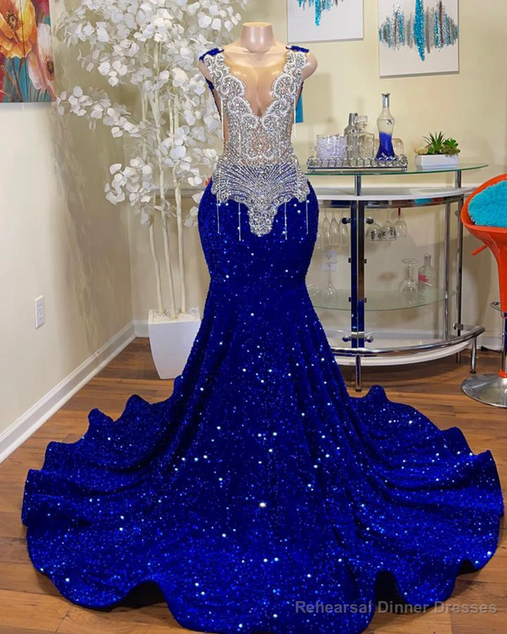 Mermaid Style Royal Blue Long Prom Dresses,Luxury Sparkly Crystals Diamond Black Girls Secondary image