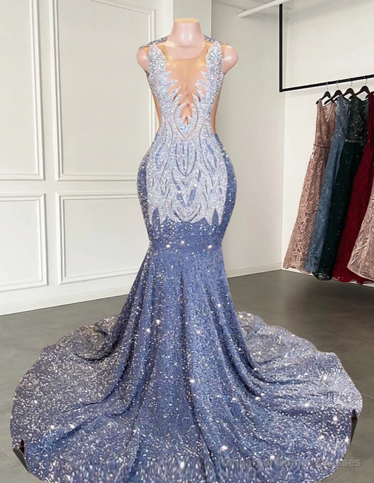 Long Mermaid Prom Dresses Sparkly Diamond Sheer Scoop Neckline Silver Sequined Black Girl Prom Formal Gowns