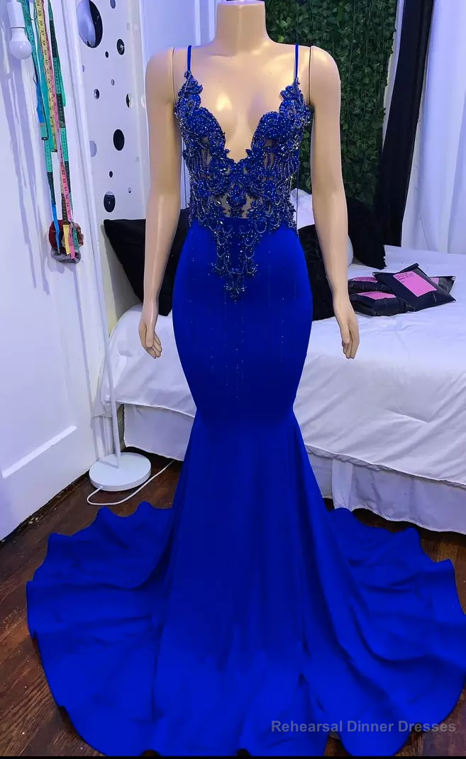 Mermaid Blue long Prom dress Dresses, Satin Lace Sleeveless prom dress Main image