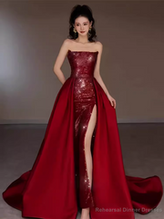 Sexy Mermaid Strapless Sleeveless Party Dress Red Long Prom Dress