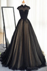 Black Tulle Cap Sleeves Floor Length Long Prom Dresses, Luxury Dresses