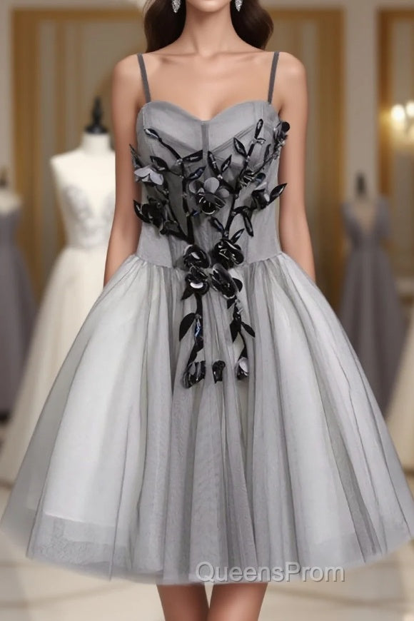 Gray Tulle Short A Line Evening Prom Dress, Homecoming Dress Main image