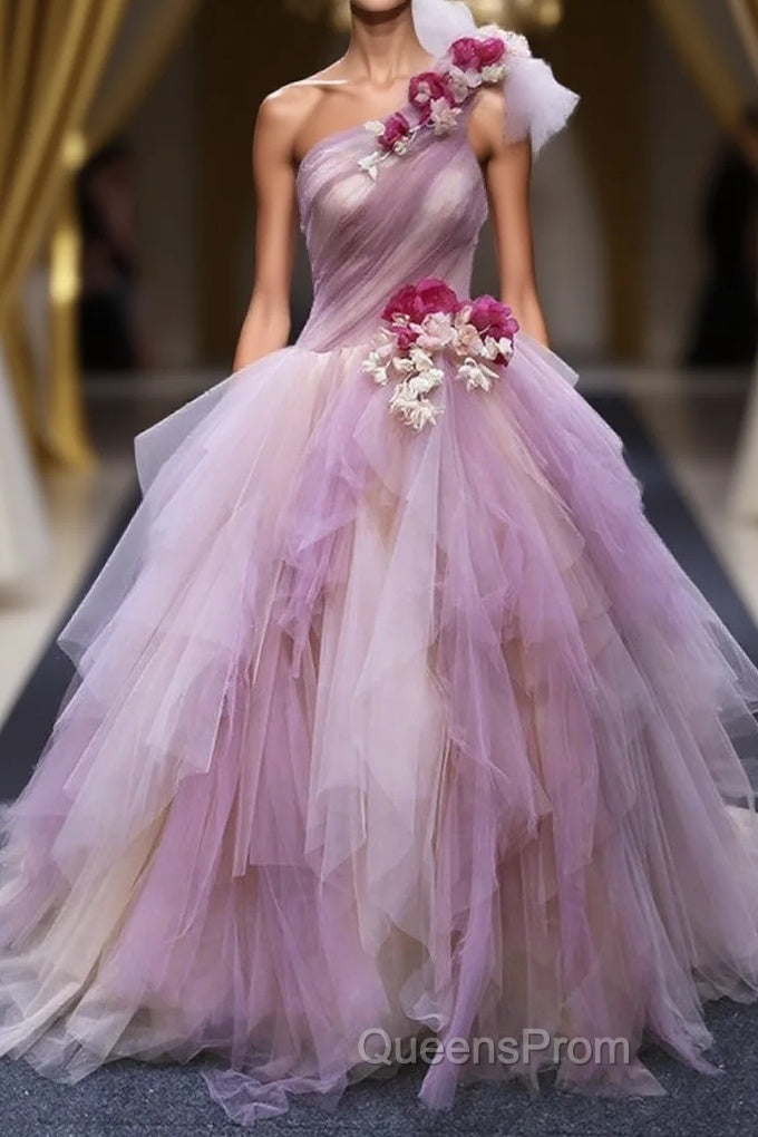 Puffy One Shoulder Sleeveless Tulle Evening Prom Dress with Flowers, Ruffles Quinceanera Dress Main image