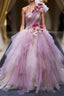 Puffy One Shoulder Sleeveless Tulle Evening Prom Dress with Flowers, Ruffles Quinceanera Dress
