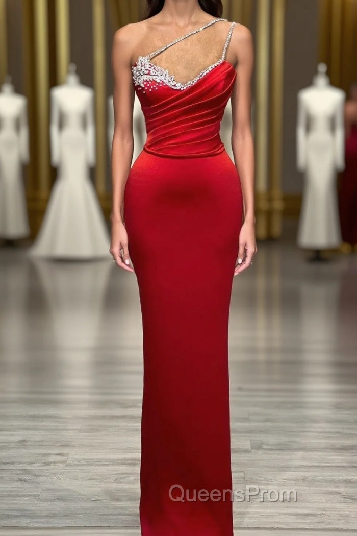 Red Long Mermaid One Shoulder Satin Evening Prom Dress With Beadings Sleeveless Main image