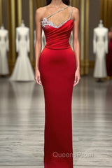 Red Long Mermaid One Shoulder Satin Evening Prom Dress With Beadings Sleeveless