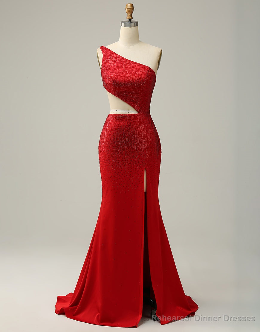 Red Mermaid One Shoulder Long Glitter Prom Dress With Split Main image