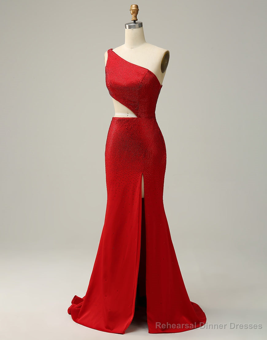 Red Mermaid One Shoulder Long Glitter Prom Dress With Split Secondary image