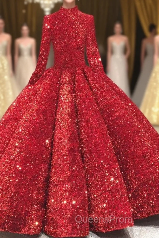 Glitter High Neck Open Back Lace Up Ball Gown Evening Prom Dress Main image