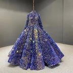 Glitter High Neck Open Back Lace Up Ball Gown Evening Prom Dress