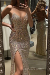 Mermaid Evening Dress Spaghetti Straps V Neck Evening Prom Dress With Split