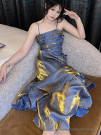 Mermaid Spaghetti Straps Prom Dresses Blue Party Dress