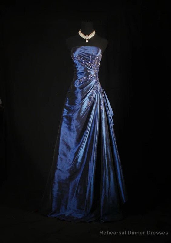 Vintage Ball Gown Strapless Navy Blue Satin Long Prom Dresses Party Dress Main image