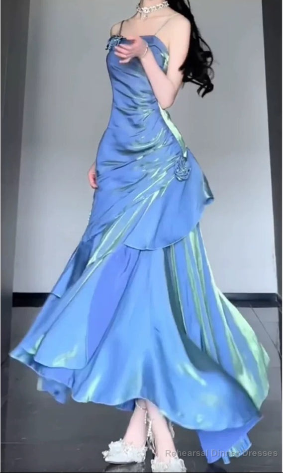 Blue Satin Long Straps Prom Dress Wine Red A-line Party Dress Secondary image