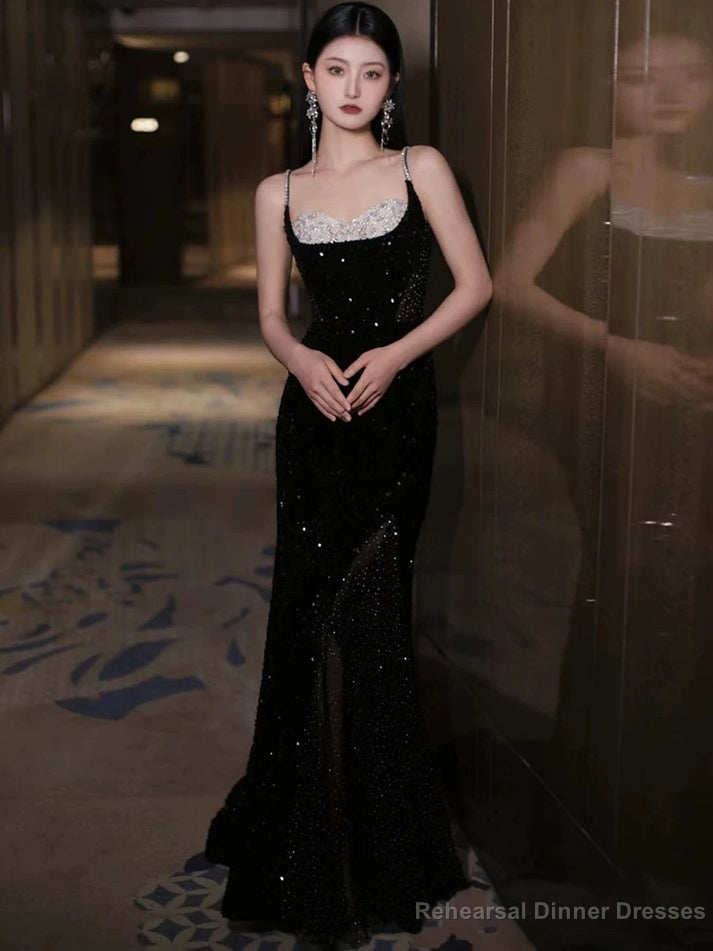 Black Sexy Mermaid Spaghetti Straps Sequin Long Prom Dresses Main image