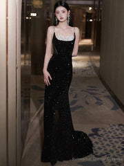 Black Sexy Mermaid Spaghetti Straps Sequin Long Prom Dresses