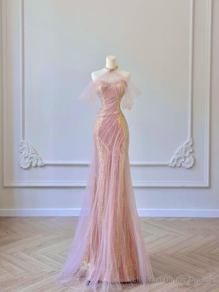 Sexy Mermaid Halter Pink Sequin Long Prom Dress Evening Dress Formal Dress Main image