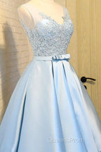 Blue A Line Princess V Neck Backless Appliques Homecoming Dress