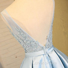 Blue A Line Princess V Neck Backless Appliques Homecoming Dress