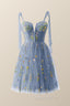 Green Floral Tulle A-line Short Dress with Tie Shoulders