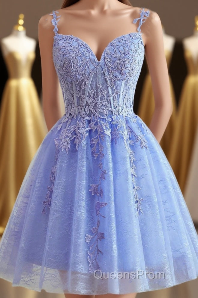 Straps Periwinkle Lace Appliques A-line Short Dress Main image