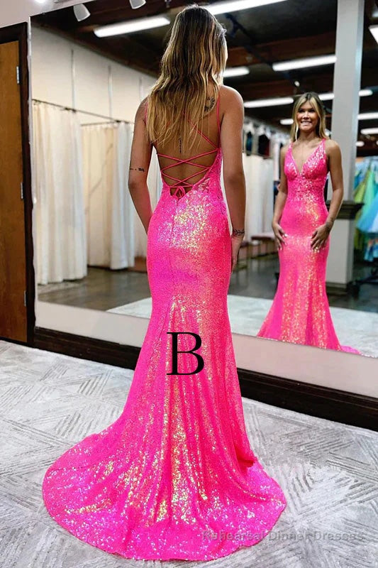 Lavender V Neck Mermaid Prom Dress, Sparkly Sequined Long Evening Gown