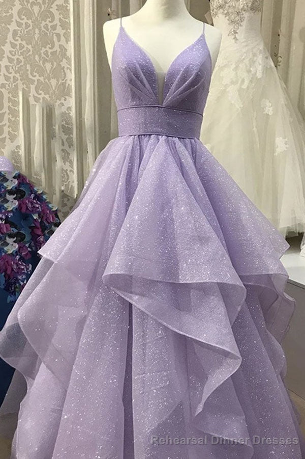 Spaghetti Straps Asymmetrical Long Prom Dress, Shiny Evening Gown Main image