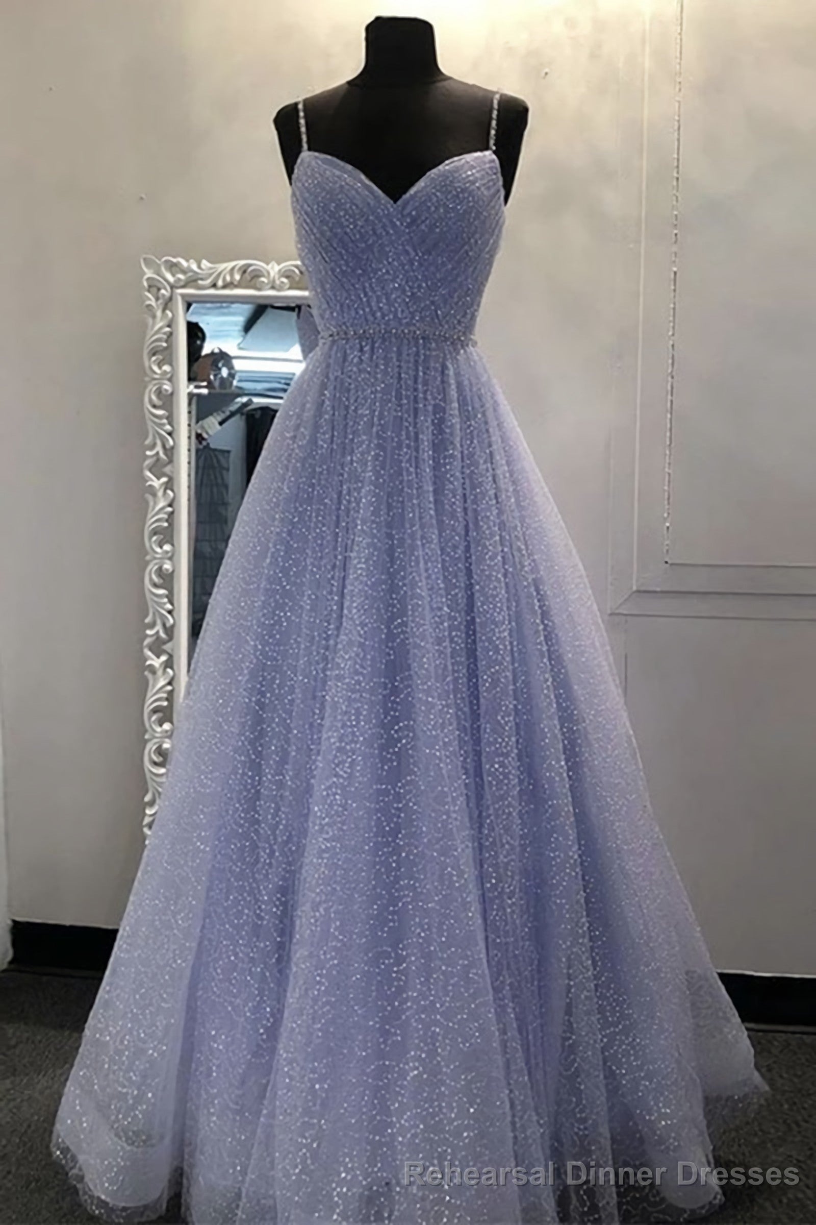 Shiny A Line V Neck Sequins Lilac Long Evening Dress, Lilac Lavender Formal Prom Dresses, Sparkly Party Dress Main image