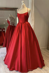 Simple Backless Red Satin Long Prom Dress, Open Back Formal Dresses, Red Evening Gown