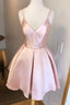 Simple V Neck Straps Short Pink Homecoming Dress, Backless Satin Sweet 16 Dresses