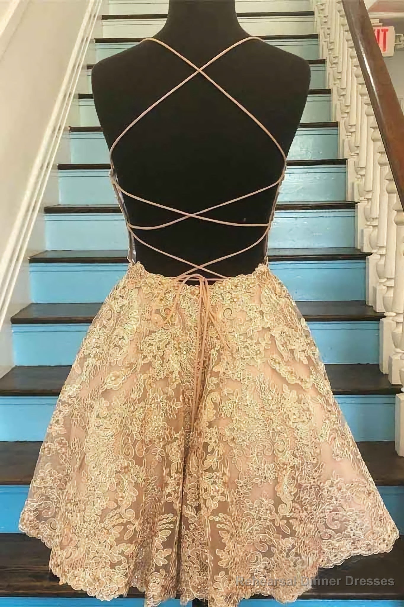 Spaghetti Strap Vintage Gold Lace Applique Criss Cross Short Homecoming Dresses Secondary image