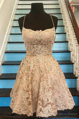 Spaghetti Strap Vintage Gold Lace Applique Criss Cross Short Homecoming Dresses