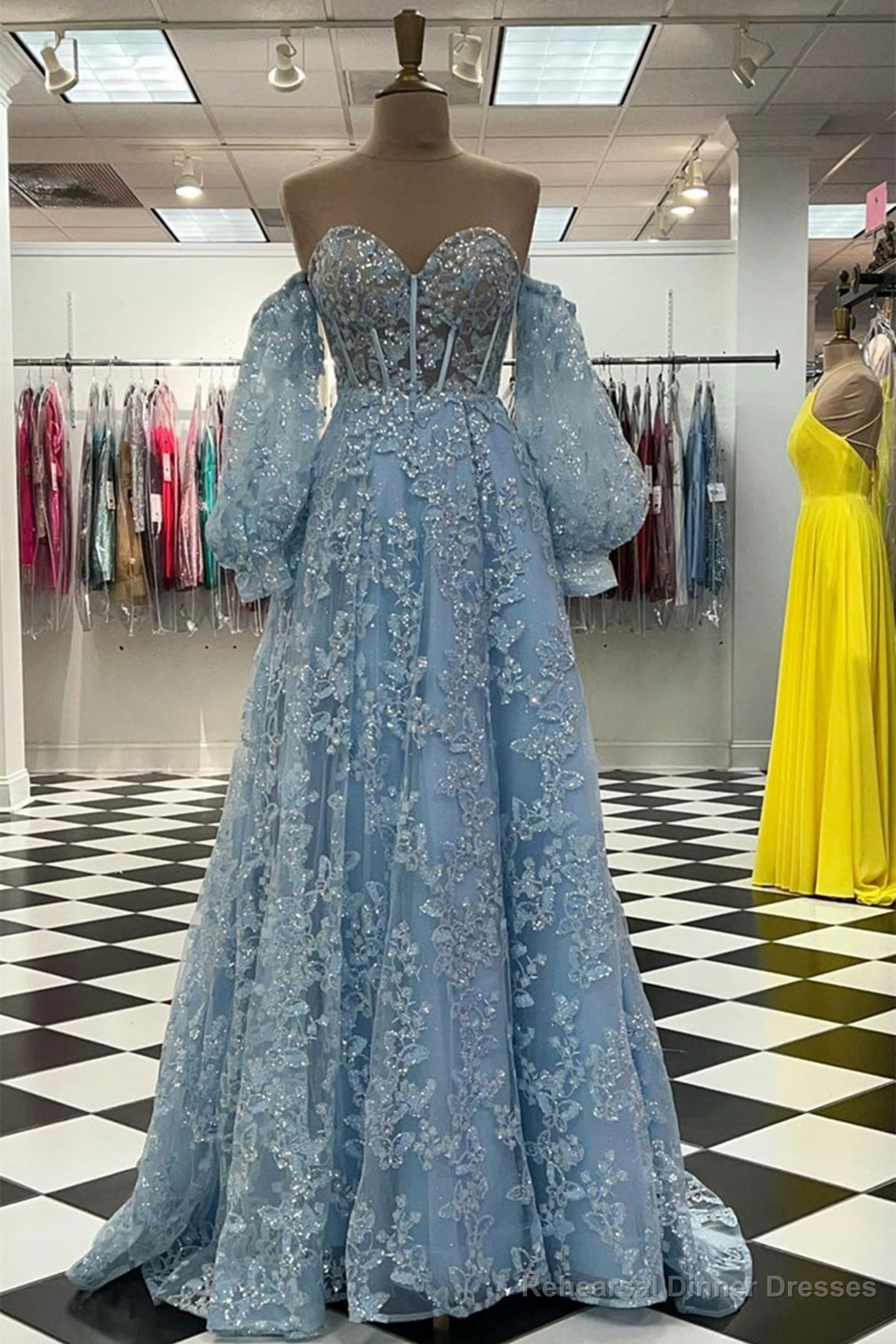 Sweetheart Neck Blue Lace Appliques Long Prom Dress, With Long Sleeves Blue Lace Floral Formal Graduation Evening Dress Secondary image