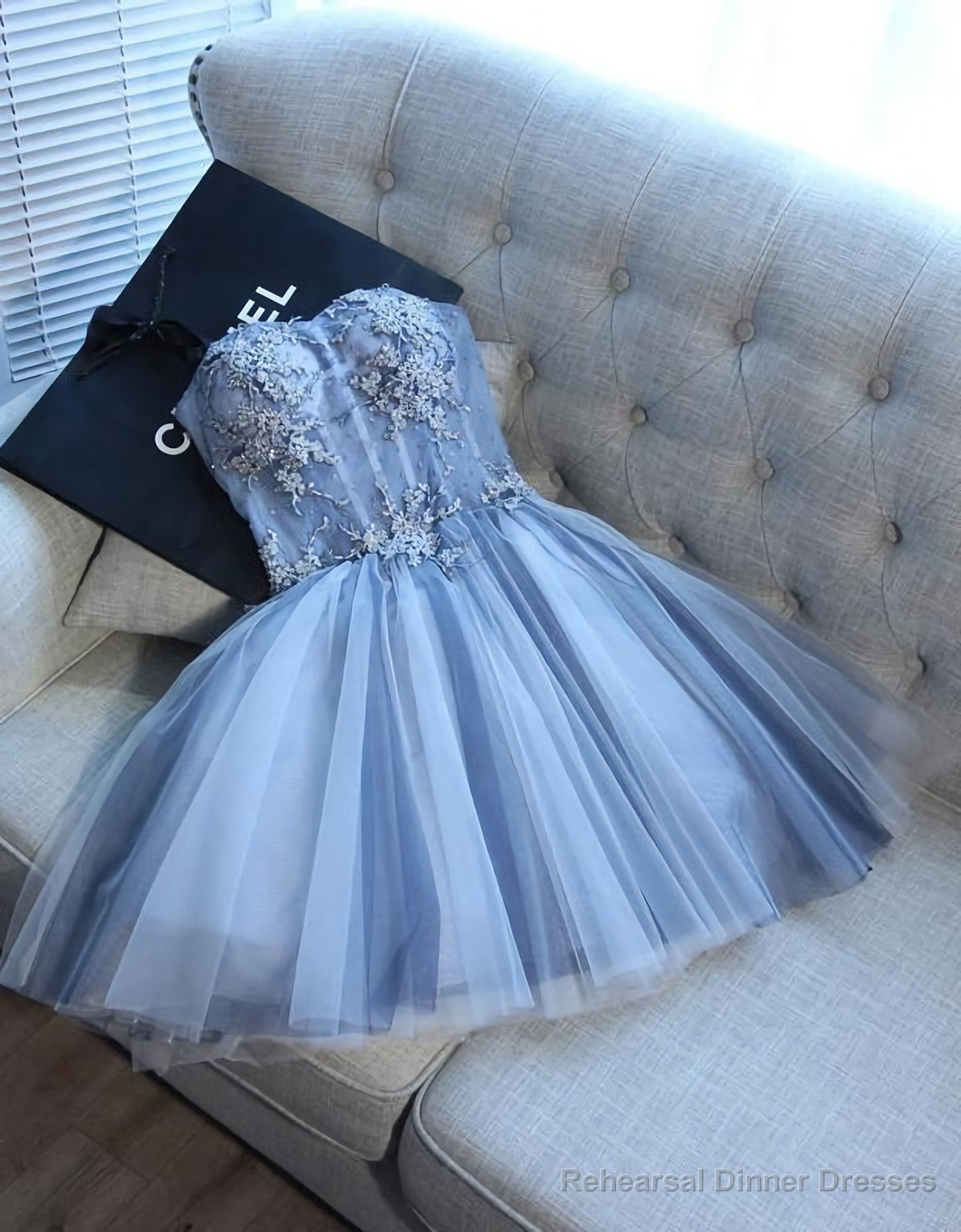 Sweetheart Strapless Homecoming Dresses, Beads Blue Lace Up Tulle Short Prom Dresses Secondary image