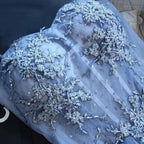 Sweetheart Strapless Homecoming Dresses, Beads Blue Lace Up Tulle Short Prom Dresses
