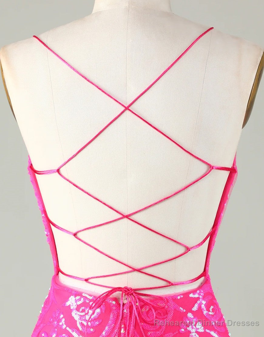 Sparkly Hot Pink Spaghetti Straps Tight Sequins Homecoming Dress
