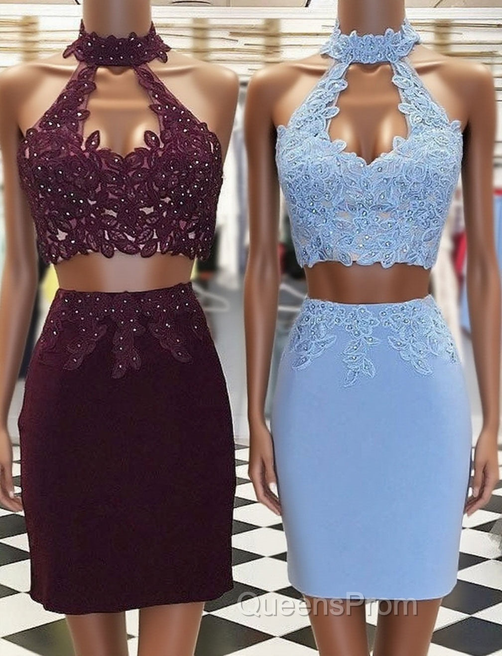 Two Piece Tight Short Burgundy-Blue Homecoming Dress with Key Hole Main image
